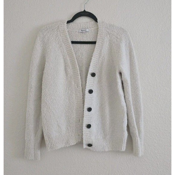 Madewell 2024 Fuzzy Cardigan Sweater Size Small Beige Cotton Button-Up V-neck - Picture 2 of 10